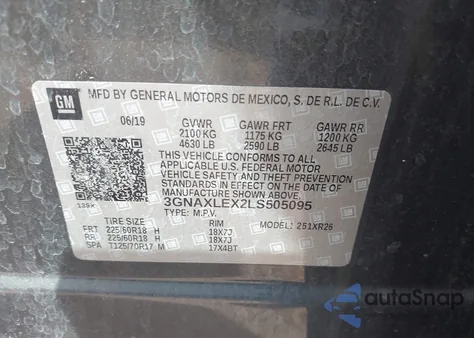 2020 Chevrolet Equinox Fwd Lt 2.0L Turbo z USA, uszkodzony, nr VIN 3GNAXLEX2LS505095